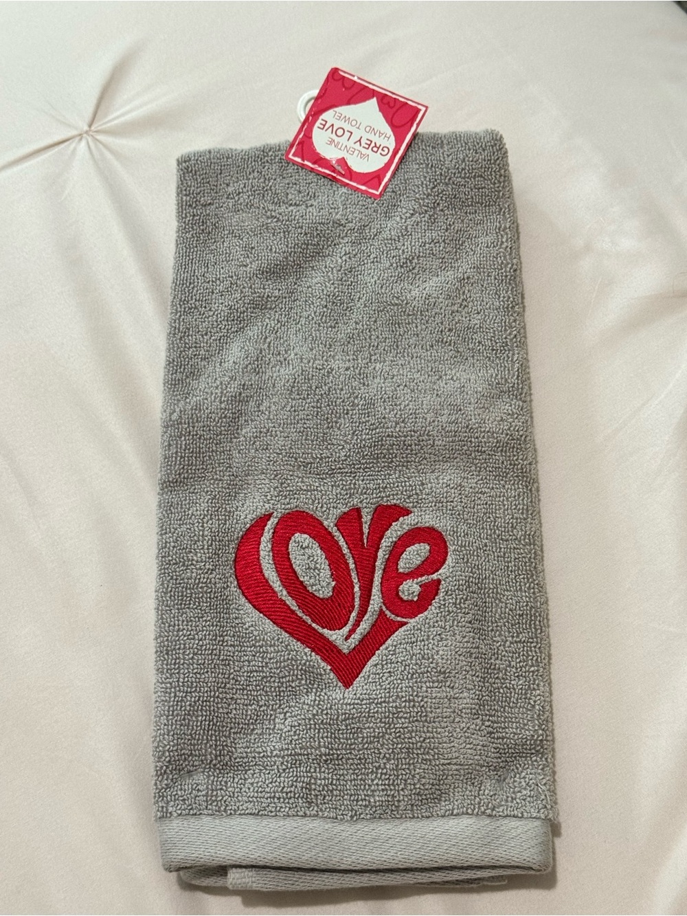 Grey Hand Towel with Red Love Embroidery